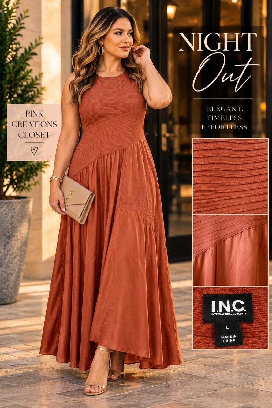 INC International Concepts Rust Mixed Media Asymmetrical Maxi Dress Size Large